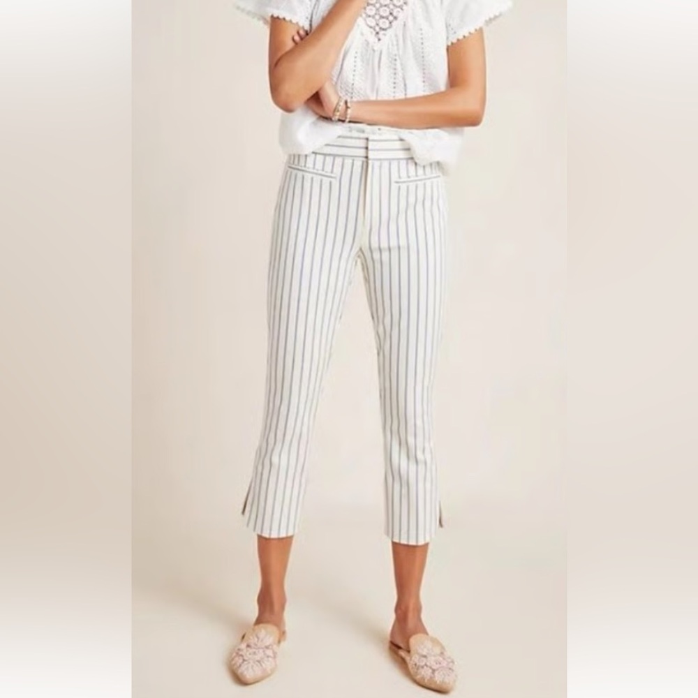 Anthropologie the essential slim Cream Blue Striped crop Pants‎ Sz 12